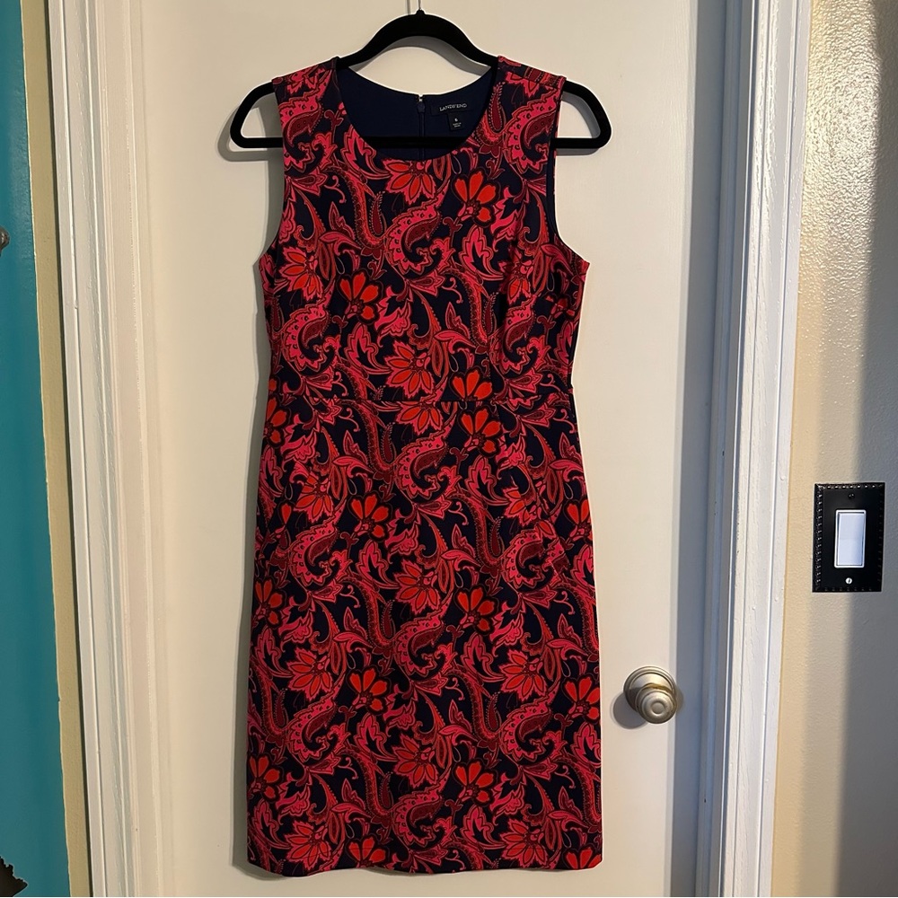 Lands End Red And Blue Floral Paisley Sleeveless Dress with pockets size 6